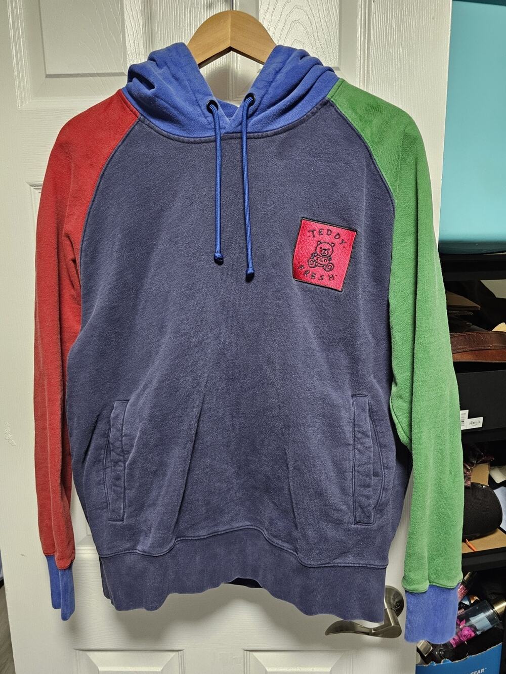 Teddy Fresh Hoodie Mens Large Navy Red Green Blue Colorblock Patch Pullover